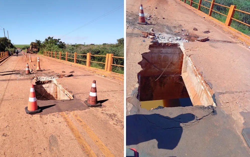 Caminhão tomba após parte de ponte ceder entre Orindiúva e Palestina