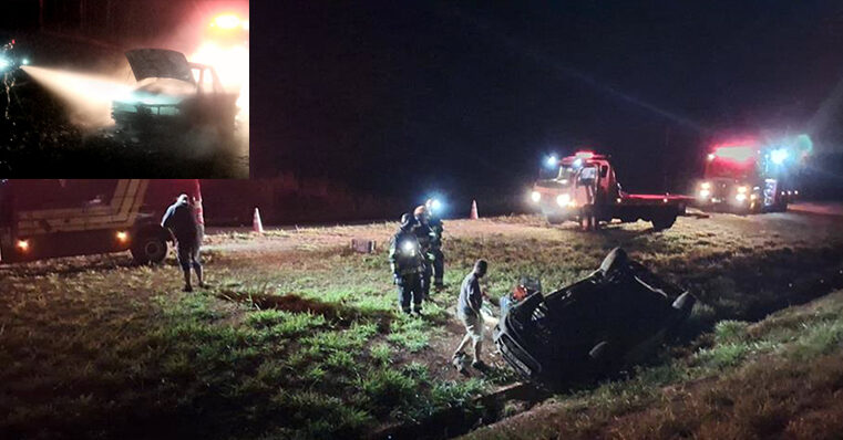 Carro pega fogo na zona rural e outro carro capota no trevo de acesso a Baguaçu