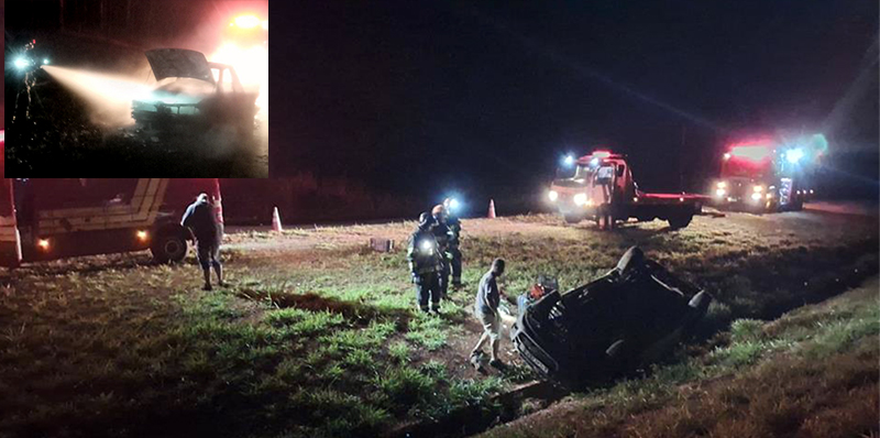 Carro pega fogo na zona rural e outro carro capota no trevo de acesso a Baguaçu