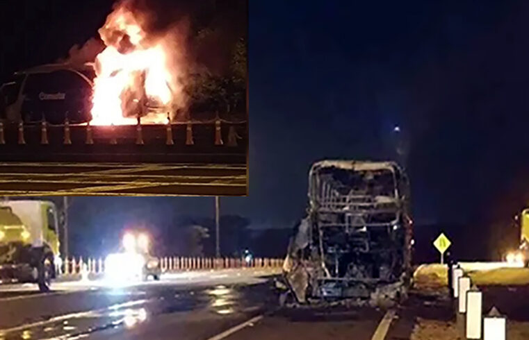 Ônibus fica destruído após pegar fogo em rodovia entre Rio Preto e São Paulo