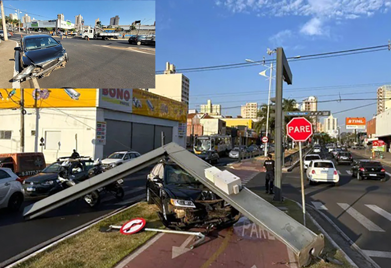 Depois de dois carros baterem um deles derruba semáforo em avenida