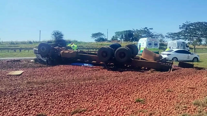 Motorista morre e jovem fica ferido após caminhão tombar em rodovia