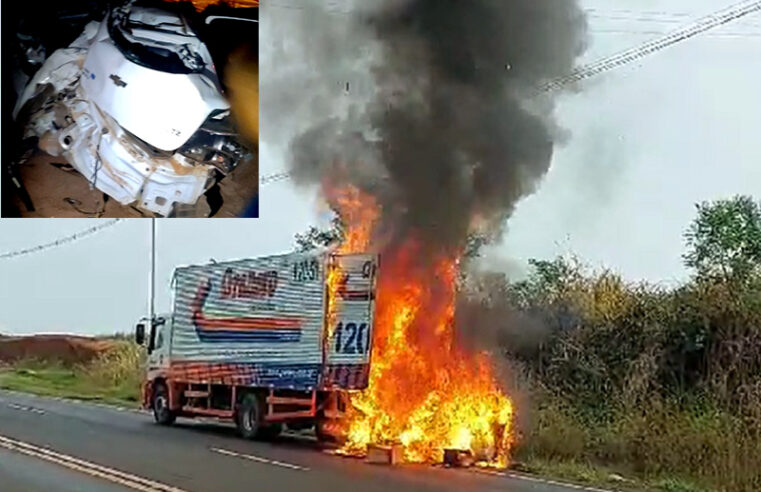 Motorista capota e detona com o carro, e caminhão pega fogo em rodovia