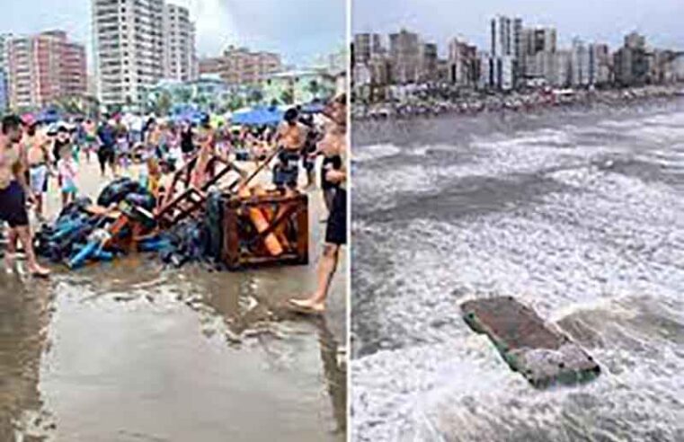 Maré alta e ressaca causam cancelamento da queima de fogos em Praia Grande