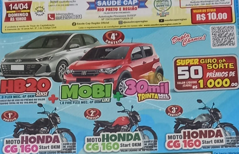 Saúde Cap: R$ 500 mil sai em Orindiúva – Próximo concurso vai ser HD20 + Fiat Moby + R$ 30 mil