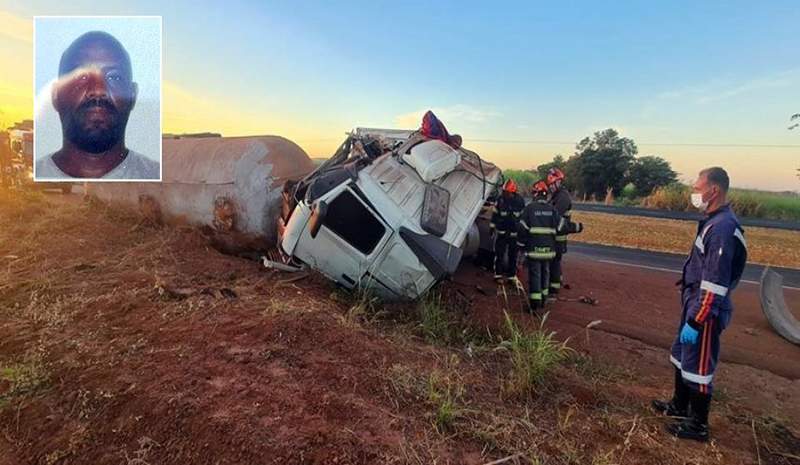 Carreta tomba na SP-425, trevo de acesso a Baguaçu, e motorista morre preso nas ferragens