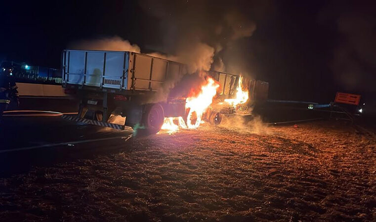 Carreta tomba perigosamente e pega fogo em Olímpia