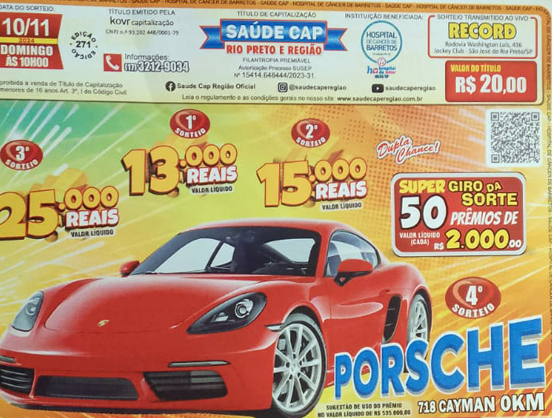 Saúde Cap: Sozinho ganha o prêmio maior em Monte Aprazível; essa semana é um Porsche