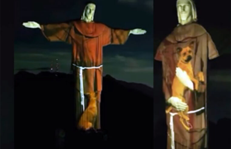 Cristo Redentor “abraça” vira-lata caramelo em campanha por adoção de animais