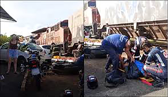 Três ficam feridos após trem atingir carro e moto em Catanduva