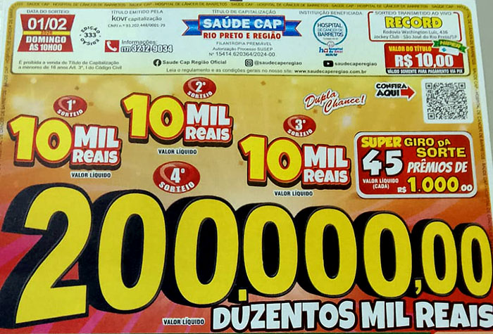 Saúde Cap: Prêmio maior sai em Rio Preto; essa semana é R$ 10 a cartela